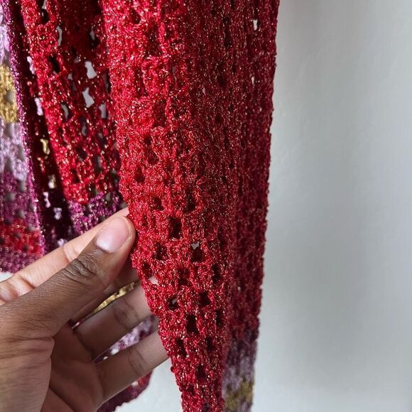 Rose Carmine Metallic Red Crochet Knit Colorblock Open Cardigan Sweater One Size - Picture 5 of 8
